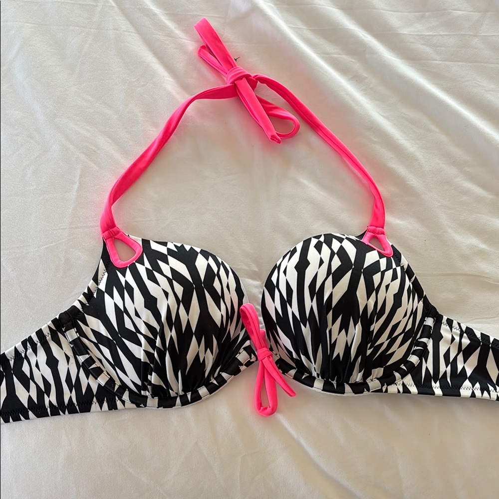 Black and Pink Halter Bikini Top with Abstract Print